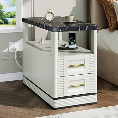 RECHHX Farmhouse End Table with Charging Station, Marble Tabletop Curved Side Ta...