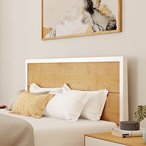 Plank+Beam Duo Solid Wood Queen Bed Frame With Panel Headboard, Modern Platform Bed With Wood Slat Support, No Box Spring Needed, White/Birch #TOP5