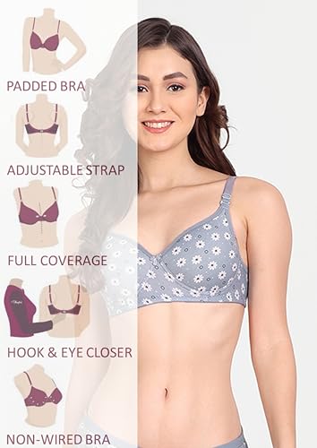 Image of Women Flower Printed Padded Bra - Made of Pure Cotton Full Coverage Non Wired Soft Cup for T-Shirt Saree Dress for Everyday