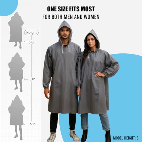 Image of HACER EVA Raincoat 110 GSM with Adjustable Hood Full Sleeves Universal Size Long Length Lightweight Waterproof Outdoor Rainwear for Camping Trekking Hiking Men & Women (Pack of 1, Grey)
