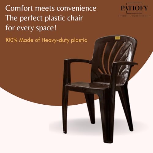 Image of Patiofy Plastic Chair for Home & Outdoor Use | Heavy Duty Comfortable Chair with Strong Legs | Stackable, Easy to Clean | Suitable for Living Room, Balcony, Patio Pack of 1 (Elba Brown)