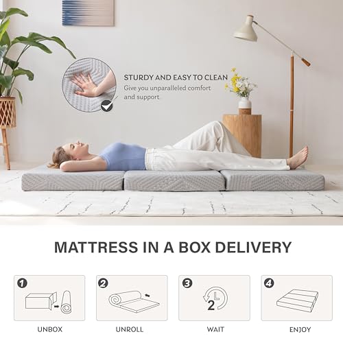 MLILY Tri-Fold Memory Foam Mattress Topper, 4 inch Twin Folding Topper with Collapsible and Washable Cover, Travel and Guest Mat, 75"×38"×4", Grey