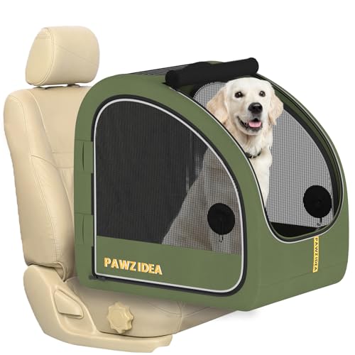 PAWZIDEA Portable Dog Crate for Car Travel, Collapsible Pet Travel Crates for Medium & Large Dogs Up to 80lbs, Enclosed Soft-Sided Car Kennel Carrier for Backseat, Secures w/Seatbelt & Headrest Strap