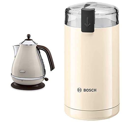 De'Longhi Wasserkocher Icona Vintage KBOV2001.BG - 1,7 l mit Wasserstandsanzeige und 360° Basis, beige & Bosch Hausgeräte TSM6A017C Kaffeemühle, Kunststoff, Creme