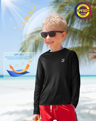 Image of Boys UPF 50+ Rash Guard Swim Shirt, Kids Youth Long Sleeve Sun Protection UV Rashguard Shirts for Water Surfing Beach