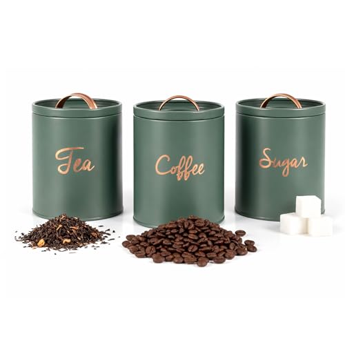 Besto Kitchen Canister Set (Green) | Metal Airtight Storage Containers for Tea, Coffee & Sugar | 3-Piece Kitchen Organiser