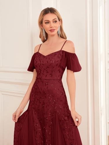 Women Spaghetti Strap Long Evening Party Gowns Off Shoulder Short Sleeves Sequin Tulle Formal Wedding Guest Dress4