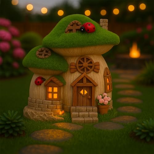 Mizlay Solar Mushroom Fairy House for Gardens Outdoor - Resin Mushroom House Garden Decor with Lights, Green House Fairy Statues for Porch, Lawn & Fairy Gardens