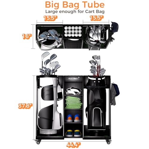 Golf-Bag-Organizer-for-2-Bags-Storage-Wooden-Golf-Bag-Stand-Rack-with-Wheels-Heavy-Duty-Space-Saving-Golf-Club-Holder-for-Golfers-Husband-Father-Golf-Bag-Storage-Rack-Golf-Bag-Holder-Heavy-Duty-Space-
