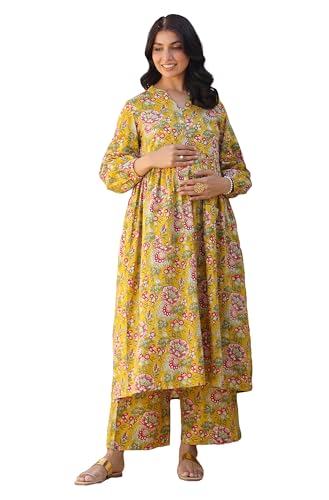 Image of Janasya Women's Pure Cotton Floral Printed A-line Maternity Kurta Pant Set