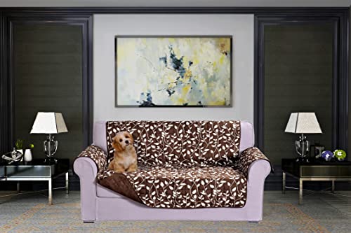 Elegant Comfort Quilted Furniture Protectors Solid and Printed Design Reversible Slipcovers Featuring Elastic Straps and Smart Pockets Great for Pets, Kids and More, Smart Leaf Loveseat, Brown