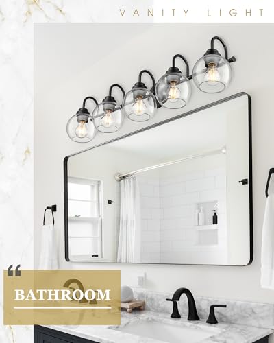 Image of Bathroom Light Fixtures, 5-Light Matte Black Vanity Lights with Globe Clear Glass, 35 Inch Modern Vanity Lighting Fixtures Over Mirror, AD-22280-5W-BK