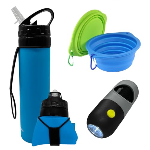 Collapsible BPA Free Silicone Dog Bowl and Bottle with LED Poop Bag Dispenser Walking Kit Bundle, Outdoor Travel Hiking Running Set