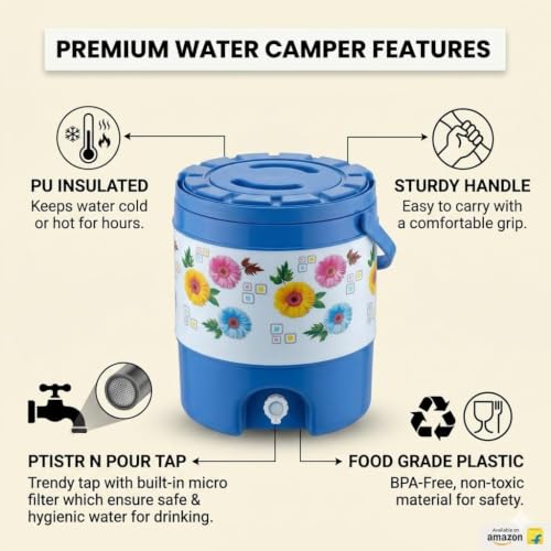 Image of 20 Litre Insulated Water Camper with Leak-Proof Spigot - Premium Food-Grade Plastic Cool Jug with Comfort-Grip Handle - Longer Temperature Retention for Home, Office, Travel, and Outdoor Events