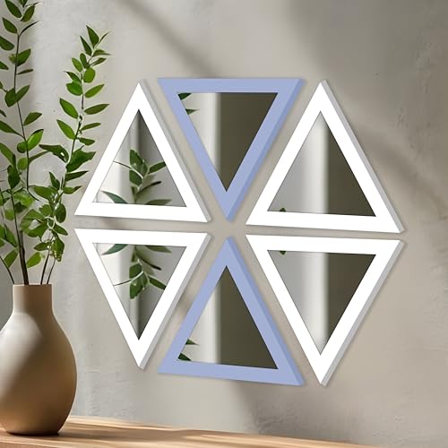 Image of Art Street Acrylic Triangle Decorative Wall Mirror Set of 3 Triangle Shape Mirror for Home Decoration, (9x9 Inch, White, Light Blue)