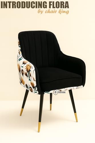 Image of Designer Accent Chair with Floral Printed Back & Footstool | Velvet Lounge Chair for Living Room, Makeup Vanity & Bedroom. (Black Floral Set)