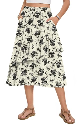 Leafsay Women's Boho Tiered Midi Skirt Vintage Summer Elastic High Waist Skirt Ruffle A-Line Flowy Skirts with Pockets(White Flower Black,L)