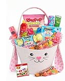 Complete Easter Gift Basket with Assorted Candy, 50 Items – Canvas Bunny Basket with Ring Pops, Push Pops, Peeps Marshmallows, & Jelly Belly Jelly Beans and more (Pink)