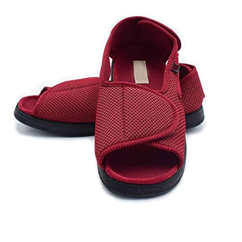 Yadlan Chaussures pour Femmes Diabétiques en Tissu Eté Pantoufles Orteil Ouvert Velcro Large Réglable Orthopédique Chaussons Plats pour Oedème Gonflé/Pied Large(Size:38,Color:Rouge) Cover