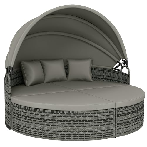 Outsunny Bain de Soleil Rond, lit de Jardin extérieur modulable 3 PSC en résine tressée avec auvent rétractable, Coussins et oreillers, Chaise Longue Relax...