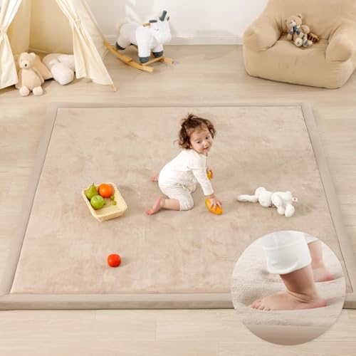 Baby Play Mats for Floor Thick 3 CM Playpen Mat Ultra Soft Tummy Time Mat Easy Care with Non-Slip Cushioned for Infan (Beige 150 * 180CM)