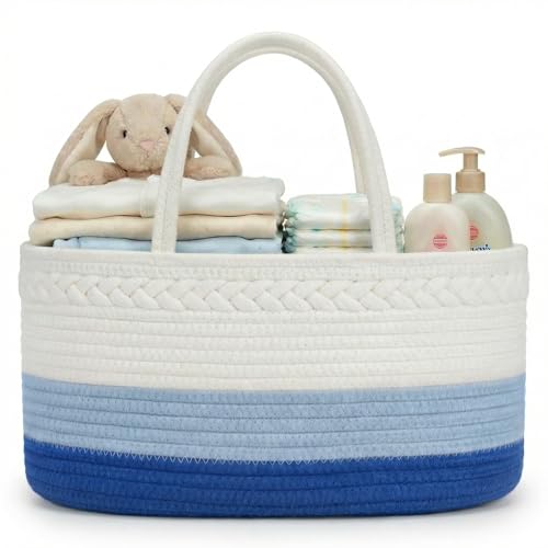 Image of luxury little Diaper Caddy Organizer, Large Cotton Rope Nursery Baby Basket, Changing Table Organizer for Baby Diaper Storage, Portable Car Organizer Removable Divider (Blue, Extra Large)