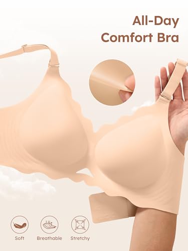 Image of Wireless Jelly Bras for Women No Underwire - S-2XL Seamless T-Shirt Bra with Support Full Coverage Comfort Bralette, Black+Skin, S