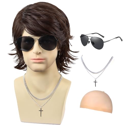 Guree Hair Mens Brown Wig+Necklace+Glasses+Wig Cap,Layered Fluffy Wig for Male Daily Party Halloween Cosplay Costume Use(Dark Brown)