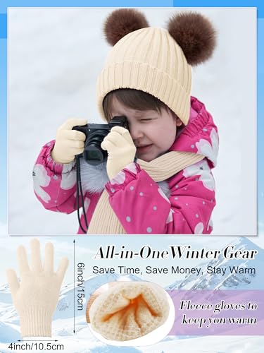 Image of JaGely 2 Sets Kids Winter Hat Gloves Scarf Set Girls and Boys Knit Hat with Pom Warm Scarf Snow Gloves for 3-10 Years Toddler