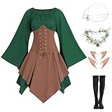 Mittelalter Gothic Kleidung Damen Traditionelles irisches Kleid Renaissance Grünes Kleider Karneval Halloween Kostüm Piraten Cosplay Outfit mit Kopf Kette Blumenkranz Elfenohren Overknee Socken FR034S