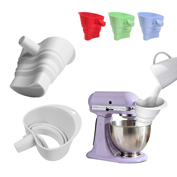 Flour Funnel for KitchenAid Stand Mixer with Cream Scraper Set, Foldable Silicone Pouring Chute, No-Mess Splash-Proof Attachment, Fits 4.5-5 Qt Tilt-Head KSM150 Artisan, Dishwasher Safe Baking Tool