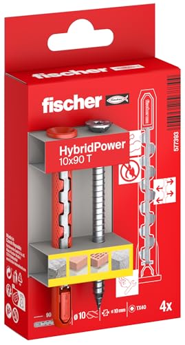 fischer HybridPower 10 x 90 T, tacos para máxima capacidad de carga y seguridad, fácil montaje sin herramientas de montaje, universal para materiales perforados y sólidos, mampostería, hormigón