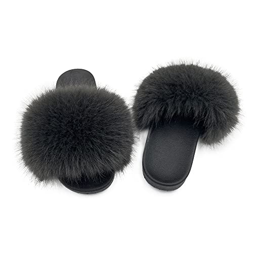Image of Women's Faux Fur Slides Slippers Fluffy Fuzzy Sandals Open Toe Furry Slide Flip Flop Indoor Outdoor