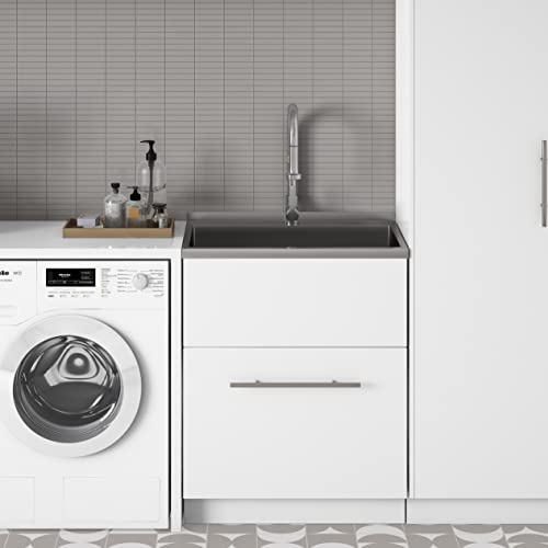 Image of SIMPLIHOME Metro 28 inch Wide Stainless Steel Sink Laundry Cabinet in White