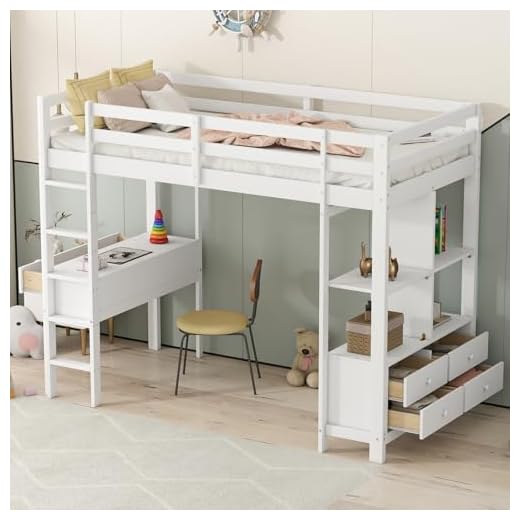 KOMHTOM Lit Mezzanine Lit Simple avec Tiroirs de Rangement et Bureau sous Le Lit, Cadre de Lit Plateforme avec Support à Lattes(sans Matelas, 90 x 200CM) (Blanc)