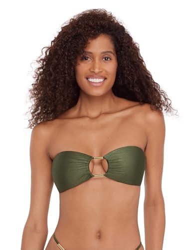 Steve Madden Womens Cutout Bandeau Bikini Top with Gold Beads, Shine Bright Olive, Small