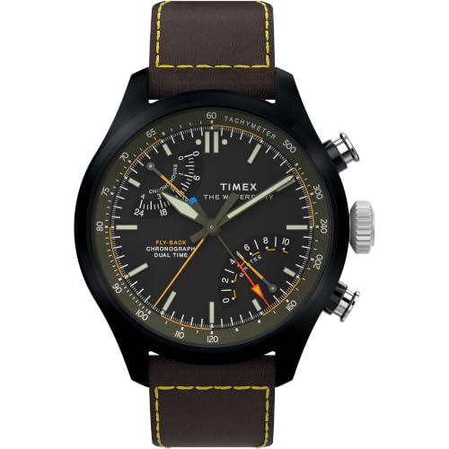 Montre chronographe Timex Waterbury 43 mm avec bracelet marron et cadran noir