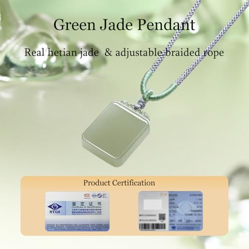 Real Natural Green Jade Pendant Necklace for Women Men Genuine Nephrite Jade Necklace Square Gemstone Healing Pendants Adjustable Handcrafted Jewelry Gifts for Her Birthday Anniversary 25.6-29.5"(65-75cm) Y04142914