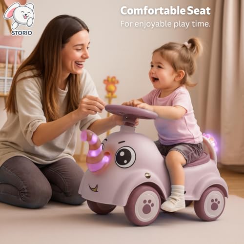 Image of Storio Elephant Baby Ride-On Car Toy with Light and Music - Brown | Push Car for Kids with Backrest & Steering, 1-3 Years