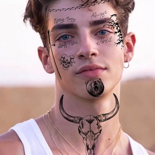Image of 5 Sheets Large Malone Tattoos For Men Women Adults, Halloween Malone Face Tattoos Sticker Prisoner Prison Set, Barbed Wire Rapper Temporary Tattoo Sticker Inmate Party Accessories Makeup Kit