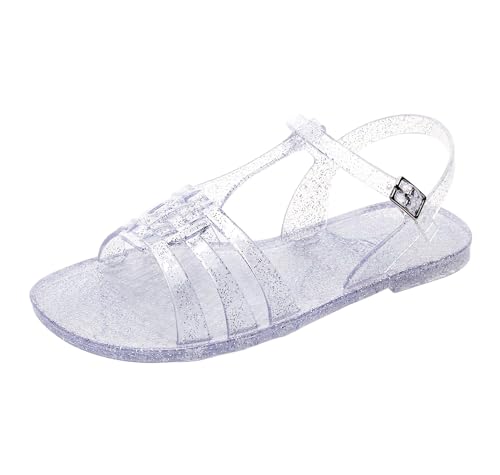 Women Sandals Jelly Shoes Flats Size 9 Beige T-Strap Crystal Jellies Slides Clear Rain Slippers Glitter Summer Beach Retro