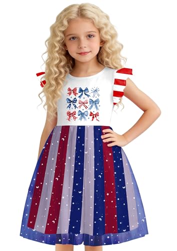 Image of Girls 4th of July Dress American Patriotic Outfit USA Independence Day Clothes Flutter Sleeve Tulle Tutu Dress 5-14y