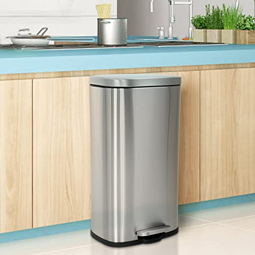 30L Trash Can Kitchen Stainless Trash Cans with Pedal Step 8 Gallon Bathroom Trash Can Slim Garbage Can with Quiet Slow Lid Small Step Wate Bin for Office