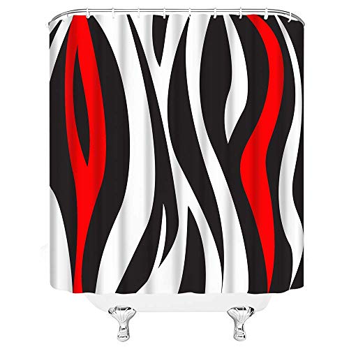 Laedciiti Modern Black Red Shower Curtain Stripes Leopard Zebra Print Mid Century Abstract Curved Lines Combine Geometric Bath Curtain #TOP6