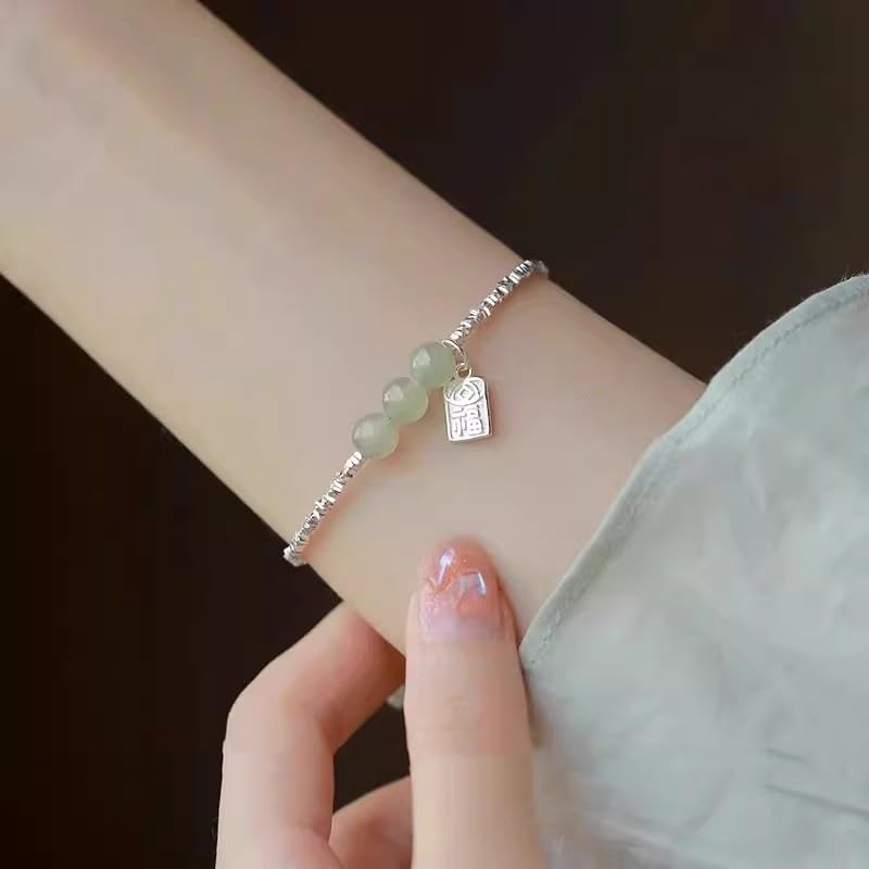 LRESJJIUJ Hotan Jade Beads Bracelet Pure Silver Hetian Jade Fu Pendant Beaded Bracelet - Stylish and Elegant Lucky Jewelry Green Jade Good Fortune Fu Symbol Dainty2