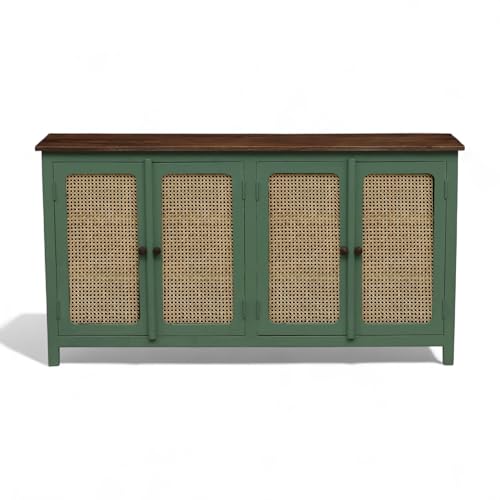 Image of Madrid 4-Door Cane Sideboard Solid Wood Cabinet in Olive Green & Off-White with Scratch-Resistant Top | Ideal for Crockery & Kitchen Storage