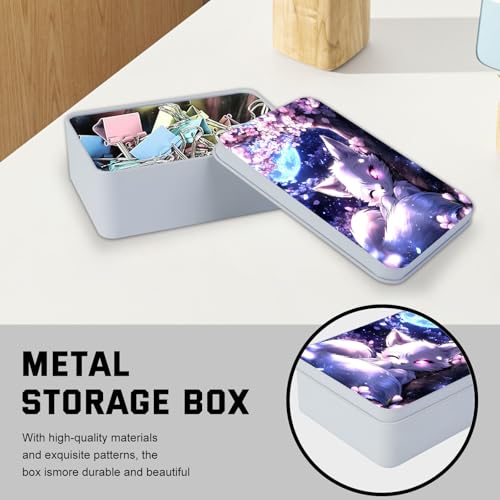 Image of Metal Tin Box with Lid,Multi-functional Storage Box Can Store Tea Biscuits Game Cards, Playing & Tarot Cards-Comes with 4 Magnetic Cord Clips,White Fox Cherry Tree