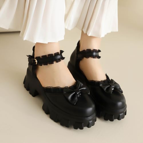MRKEWUNEY Sweet Womens Block Heel Bow Lolita Shoes Buckle Strap Round Toe Mary Janes4