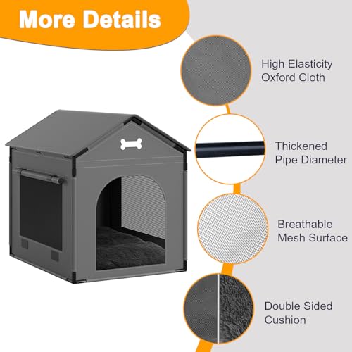 Large Dog House Indoor with Plush Cushion, Dog Kennel for Inside with Sturdy Frame, Waterproof Pet House Suitable for Small Medium Dogs, 27x21x27in, Gray - Image 4