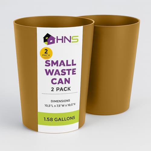 Mini Waste Basket - Pack of 2 Durable Small Plastic Garbage Trash Can Bin - Lidless Open-Top, Slim Profile for Compact Spaces - Suitable for Home, Bathroom, Office, Bedroom & More, Soft Brass